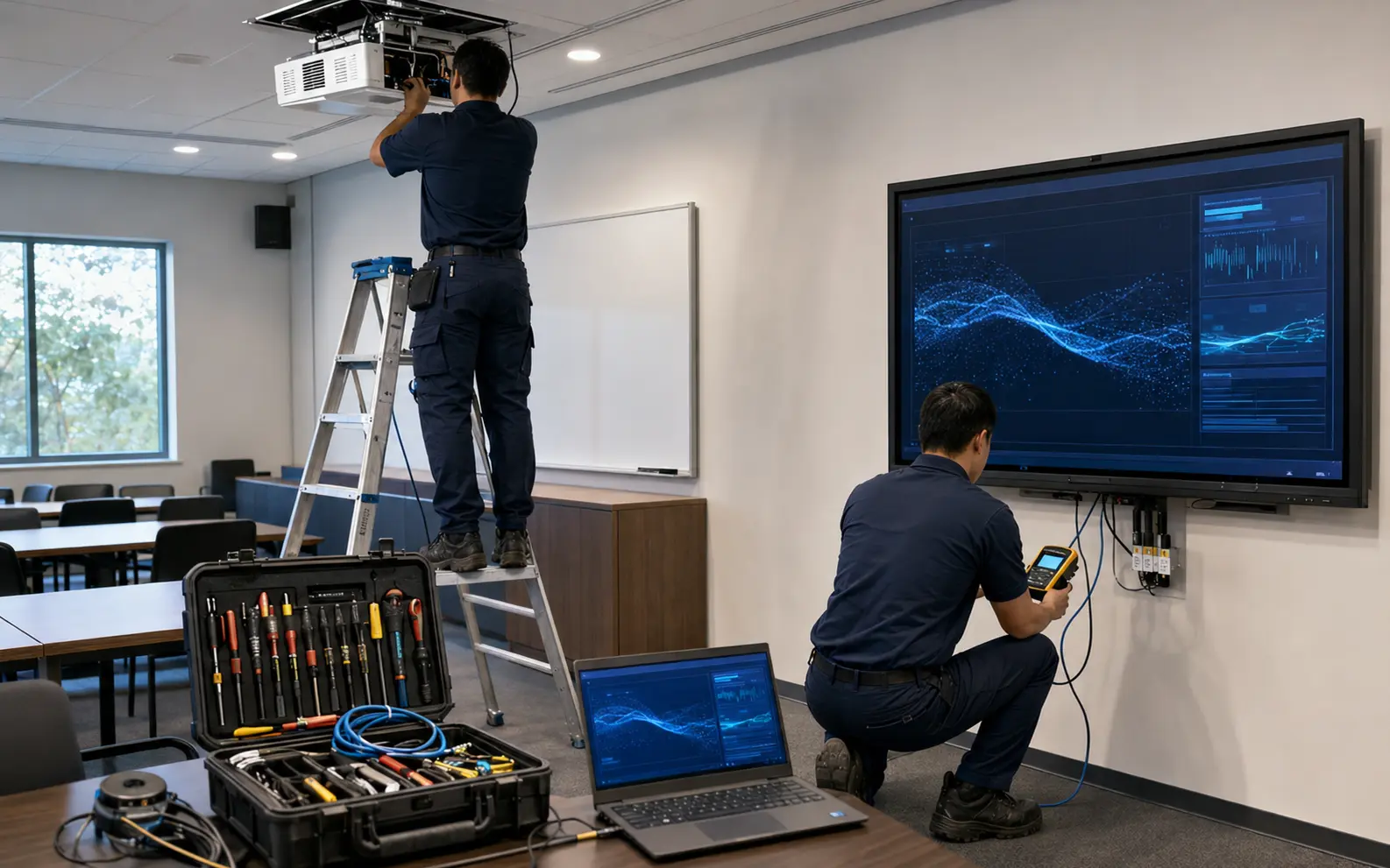 Privacy-safe PNSS technicians performing on-site AV troubleshooting and repair