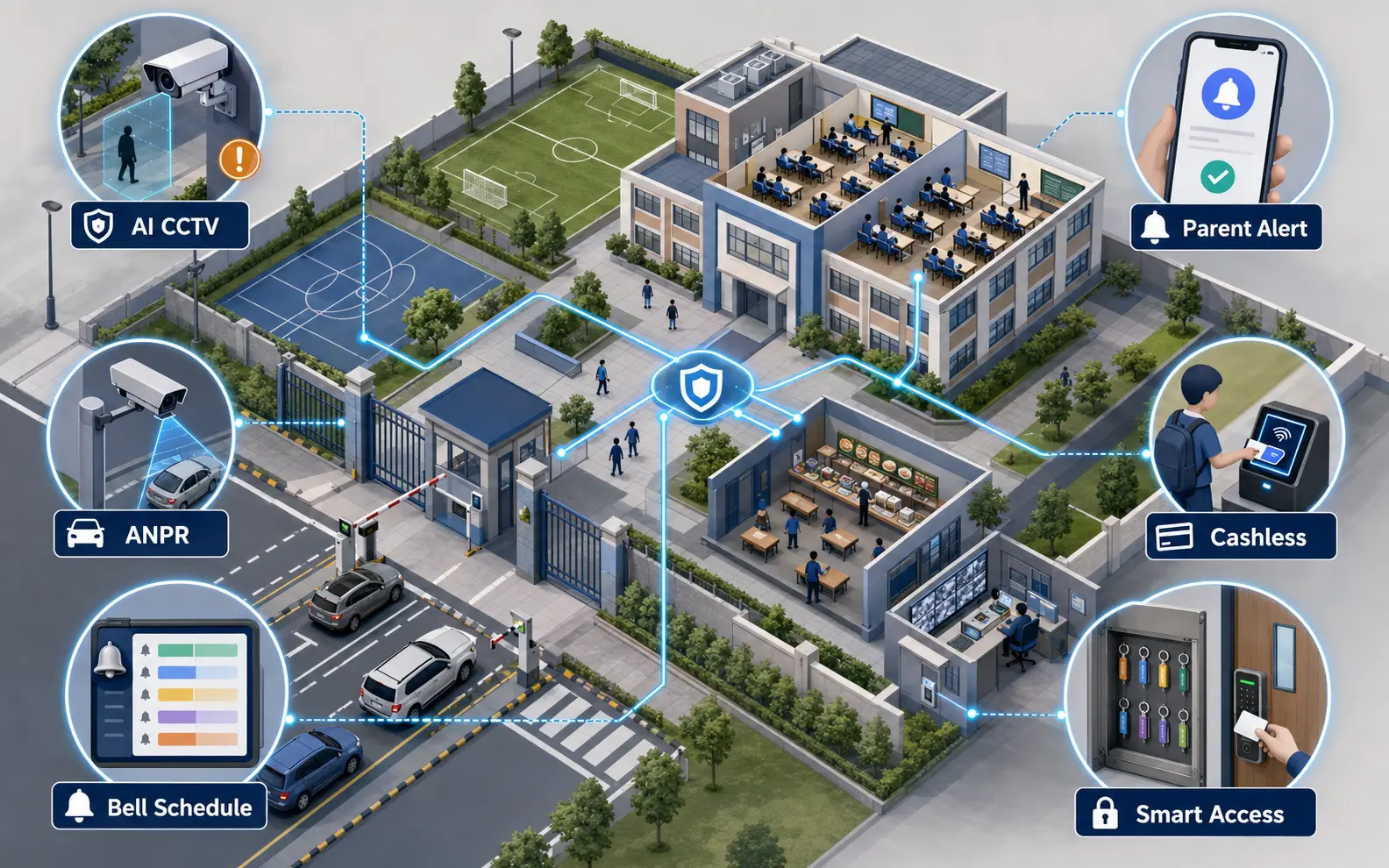 Smart School ecosystem with AI CCTV, ANPR, parent alerts, cashless canteen, bell schedules and smart access